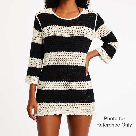 Boho Black & White Striped Crochet Knit Swimwear Cover Up Mini Dress Size Small - Picture 1 of 7